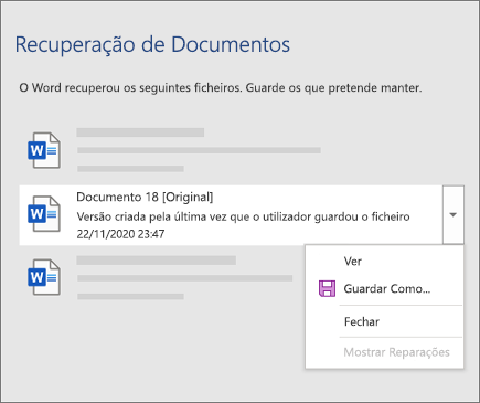 Um documento original guardado pela última vez pelo utilizador listado no painel de Recuperação de Documentos