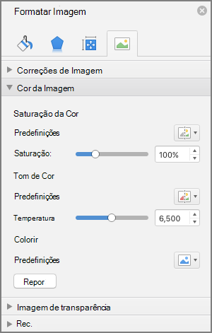 Ajustar as definições de saturação da cor no painel Formatar Imagem