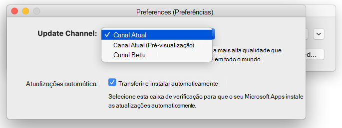 Imagem da janela das Atualizações Automáticas da Microsoft para Mac -> Preferências que mostra as opções da via de atualizações.