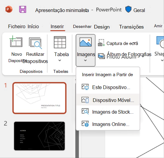 Captura de ecrã da funcionalidade de inserção de uma imagem a partir de um dispositivo móvel no PowerPoint.