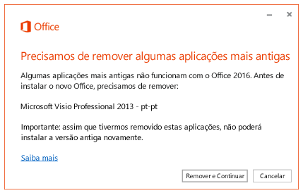Mensagem de erro a pedir para remover as aplicações antigas