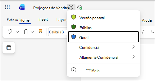 Lista pendente de etiquetas de confidencialidade no Office na Web, com um documento Word como exemplo e nomes de etiquetas padrão