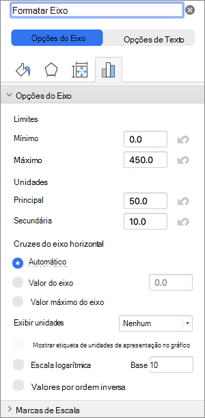 Captura de ecrã da caixa de diálogo formatar eixo.
