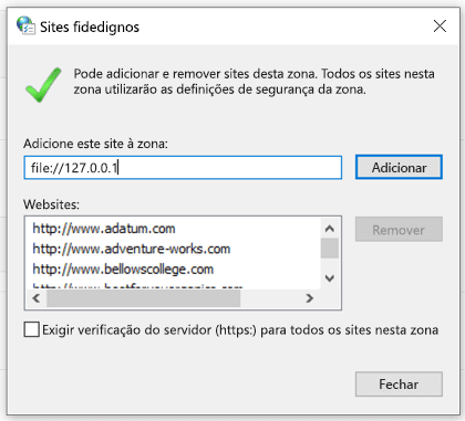 Adicionar um site fidedigno nas propriedades da Internet