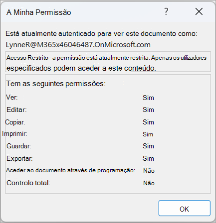 Captura de ecrã de uma caixa de diálogo a mostrar as permissões de utilizador