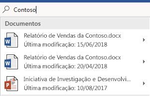 A caixa de pesquisa Diga-me a mostrar uma lista de ficheiros que foi encontrado