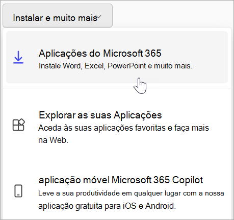 Captura de ecrã a mostrar o Office.com quando inicia sessão com uma conta escolar ou profissional