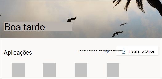 Captura de ecrã a mostrar a home page do Office.com após iniciar sessão