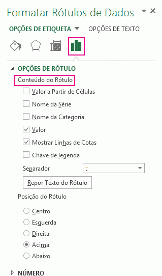 Parte das Opções de Rótulo do painel Formatar Rótulo de Dados