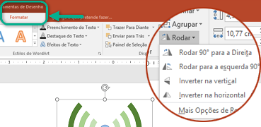 Os comandos de rotação estão disponíveis no separador Formatar das Ferramentas de Desenho do friso da barra de ferramentas. Selecione o objeto que pretende rodar e, em seguida, clique no friso.