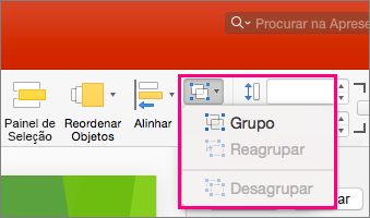 Apresenta o ícone Grupo no friso no PowerPoint 2016 para Mac