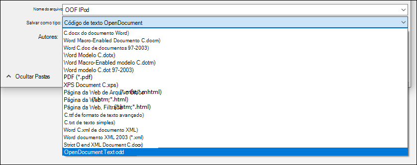 Lista de formatos de ficheiro do Word com o formato de ficheiro ODT realçado