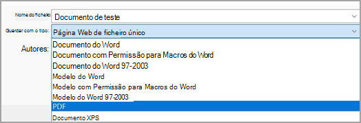 Imagem a mostrar uma seleção de PDF (*.pdf) no menu pendente