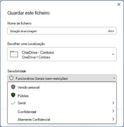 Captura de ecrã da caixa de diálogo Guardar, com a barra de sensibilidade expandida para mostrar as opções de etiqueta de sensibilidade.