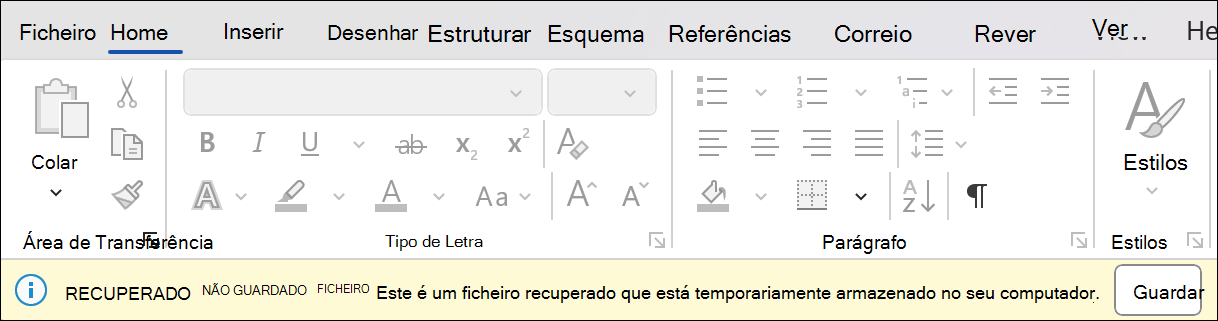 Uma captura de ecrã da recuperação de sessão no Word que indica Recuperar ficheiro não guardado: este é um ficheiro recuperado que está temporariamente armazenado no seu computador. Ao lado, aparece um botão para guardar.