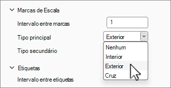 Secção de marcas de escala e etiquetas do painel Formatar Eixo