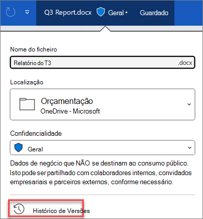 Histórico de versões no Microsoft 365