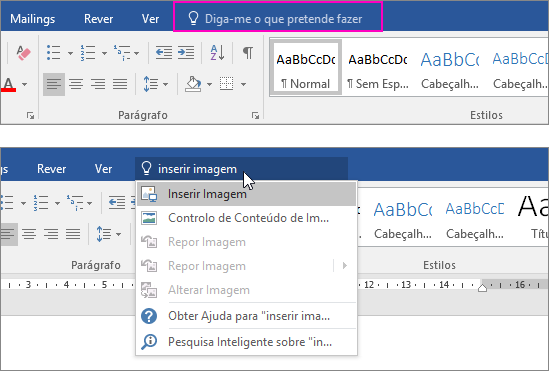 Mostra a caixa de pesquisa Diga-me o que pretende fazer no friso no Word.