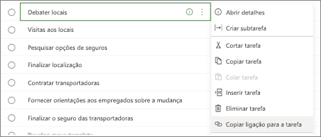 Caixa de diálogo com a lista de tarefas. O botão Copiar ligação para tarefa realçado.