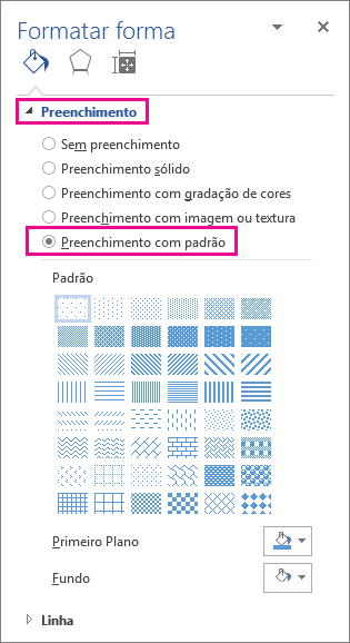 Selecionar Preenchimento com Padrão no painel Formatar Forma