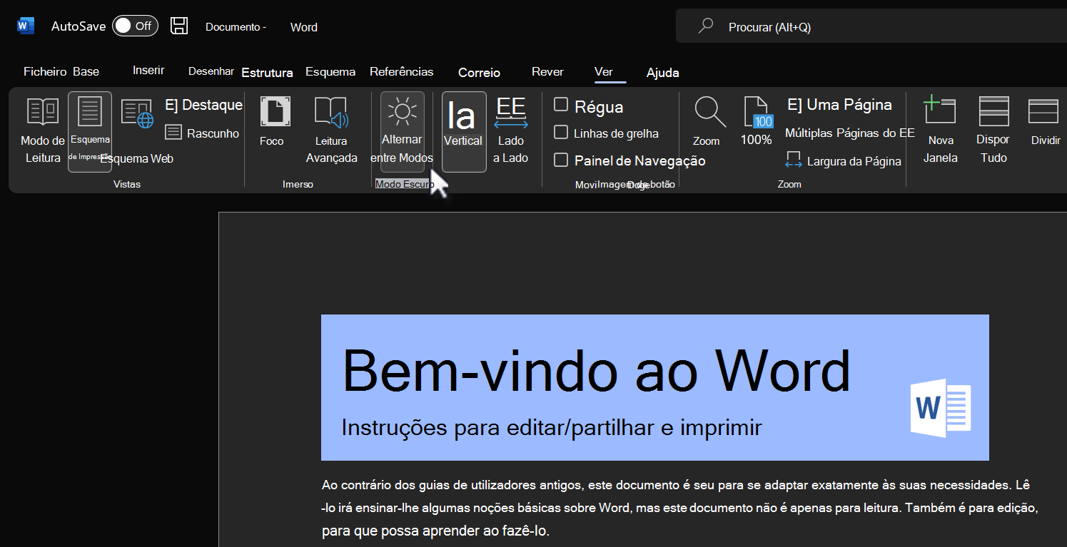 Alterne entre modos para a funcionalidade modo Escuro.