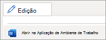 Menu do modo de edição, comando Abrir na Aplicação Para Computador