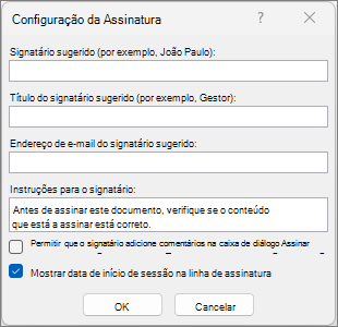 Caixa de diálogo Configuração da assinatura