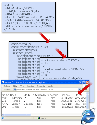 Uma estrutura de ficheiro XML básica com um esquema e transformação