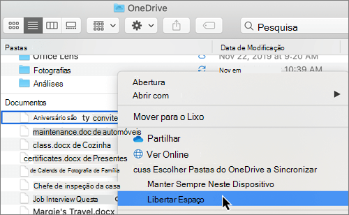 Captura de ecrã a mostrar as opções do OneDrive Files a Pedido no Finder num Mac