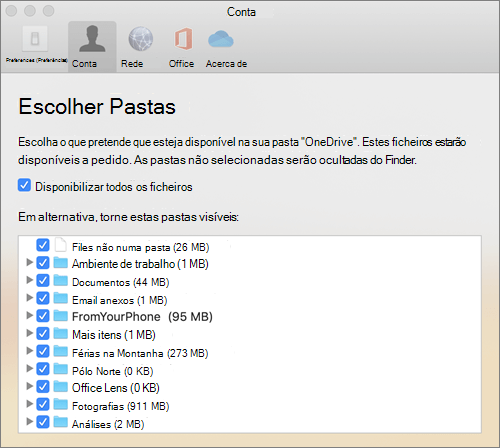 A caixa de diálogo Escolher pastas na janela Preferências OneDrive para Mac