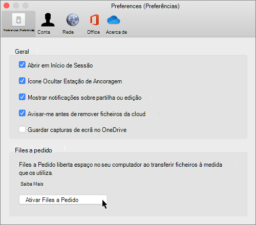 Captura de ecrã a mostrar as preferências no Mac para o OneDrive Files a Pedido