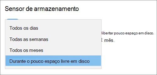 Windows 10 menu pendente Armazenamento, selecionando frequência para executar o Sensor de Armazenamento