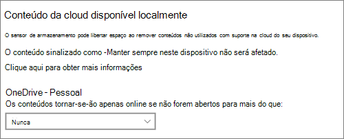 Windows 10 menu pendente Armazenamento para selecionar quando colocar ficheiros do OneDrive apenas online