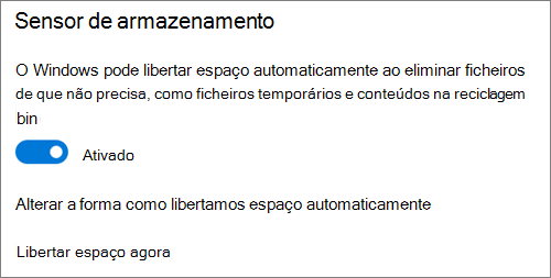 Botão de alternar para ativar o Sensor de Armazenamento no Windows 10