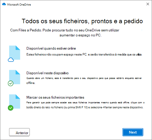 O ecrã Ficheiros a Pedido no assistente Bem-vindo ao OneDrive