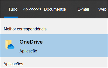 Captura de ecrã a mostrar a pesquisa da aplicação OneDrive de ambiente de trabalho no Windows 10