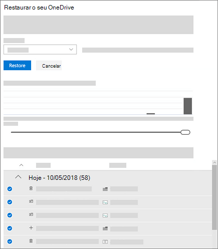 Captura de ecrã a mostrar a utilização do gráfico de atividade e do feed de atividade para selecionar atividades em Restaurar o seu OneDrive