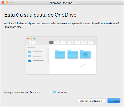 Captura de ecrã a mostrar a página Esta É a Sua Pasta do OneDrive no assistente Bem-vindo ao OneDrive num Mac