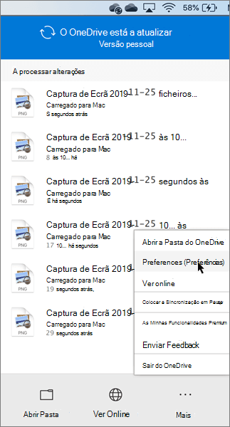 Captura de ecrã a mostrar a definição das preferências pessoais do OneDrive