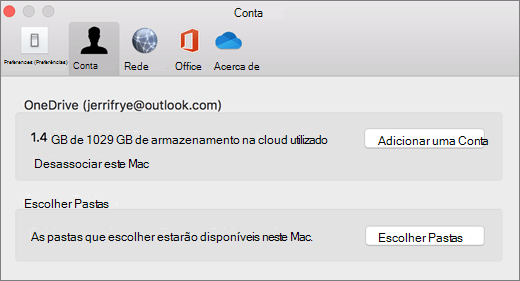 Captura de ecrã a mostrar a adição de uma conta nas preferências do OneDrive num Mac