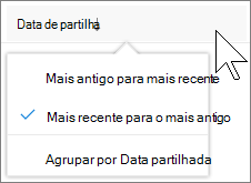 Captura de ecrã a mostrar o soring by column na vista Partilhado comigo no OneDrive para Empresas