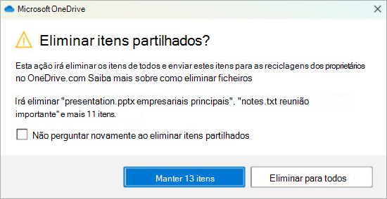 Captura de ecrã do pedido de confirmação do OneDrive para eliminar ficheiros partilhados
