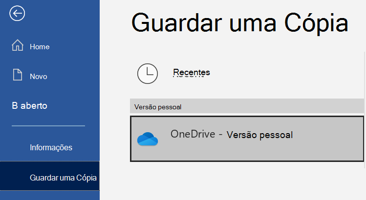 A lista de localizações na página Guardar uma cópia de um Word documento.