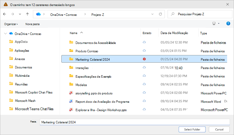 Captura de ecrã a mostrar a caixa de diálogo Selecionar pasta do OneDrive.