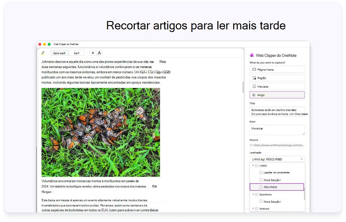 Captura de ecrã de uma página Web com um painel lateral para definições. O texto na parte superior diz para recortar artigos para ler mais tarde.