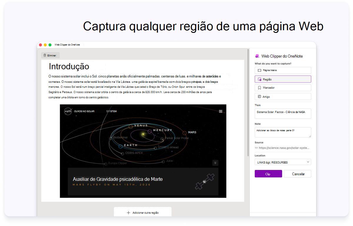 Captura de ecrã a mostrar uma introdução de página Web com um painel lateral para definições. O texto na parte superior indica para capturar qualquer região de uma página Web.