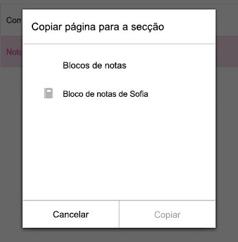 O menu Copiar Página no OneNote para Android