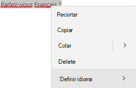 Texto francês selecionado a mostrar o menu contextual de como definir o idioma.