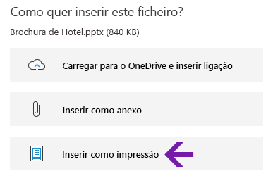 Opção para impressão de ficheiros no OneNote para Windows 10
