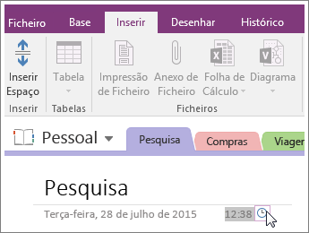 Captura de ecrã de como alterar o carimbo de hora numa página no OneNote 2016.